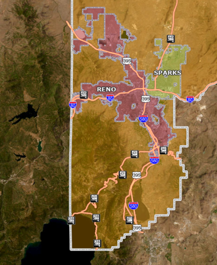 Map showing cities of Reno and Sparks surrounded by unincorporated Washoe County